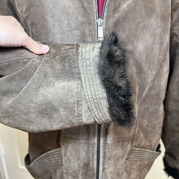 Charles Klein Coat Suede Leather Faux Fur Reversible Zip Up Hooded Brown Sz M - Picture 5 of 12